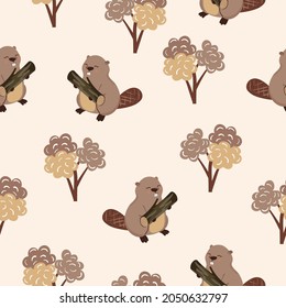 Cute beavers and trees seamless pattern for kids.