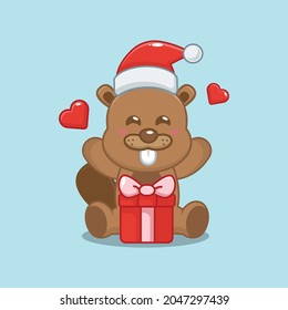Cute beavers wearing santa hat with gift box in christmas day. Cute christmas cartoon illustration