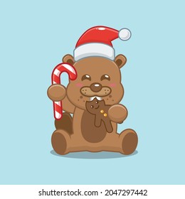 Cute beavers wearing santa hat and eating christmas cookies. Cute christmas cartoon illustration