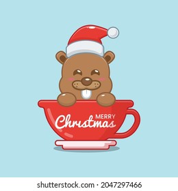 Cute beavers wearing santa hat in cup. Cute christmas cartoon illustration