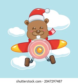 Cute beavers wearing santa hat fly with plane in christmas day. Cute christmas cartoon illustration