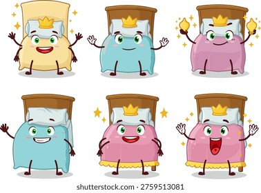 Cute bed characters, cartoon sleeping furniture, happy pillow friends, whimsical blanket mascots, adorable bedroom illustration, fantasy sleep design, smiling cozy beds, playful dream companions