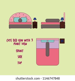 Cute bed icon with three points view