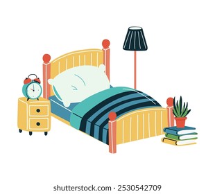 Design de quarto bonito com uma cama acolhedora e acessórios.