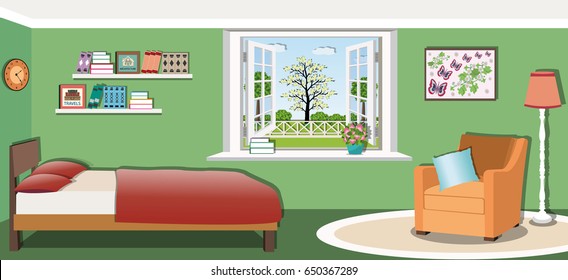 Cute bedroom interior design with comfortable furniture -  bed, armchair, floor lamp, bookshelves, pillows, picture and window. Flat style vector illustration.