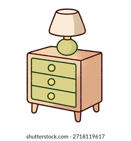 Ilustração de mesa de cabeceira bonito com gavetas e uma pequena lâmpada de mesa no topo. Móveis acolhedores de estilo cartoon para designs de quarto e interiores de casa.