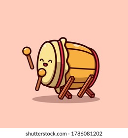 Cute Bedug Drum With Stick Cartoon Vector Icon Illustration. Religion Sign Icon Concept Isolated Premium Vector. Flat Cartoon Style