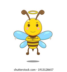 Cute bee as an angel. Vector illustration of chibi character isolated white background