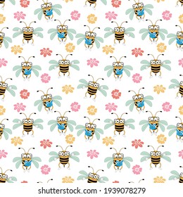 cute bee animal cartoon and flowers pattern