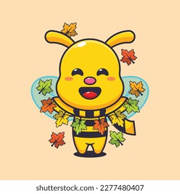 Abeja dulce con decoración de hojas de otoño. Ilustración vectorial de caricatura mascota adecuada para afiches, folletos, web, mascota, pegatina, logotipo e icono.
