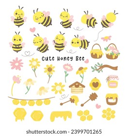 Abeja dulce Bebé con miel y flores Colección de dibujos animados en poses adorables. Dibujo animal kawaii para el verano de primavera.