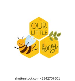 Cute bee Baby shower decorative element for kids birthday card with text Our little honey, flowers. Sweet hand drawn yellow honeycomb. Perfect for girls and boys boys. Vector Bee day illustration.