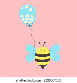 Cute bee with a balloon full of daisies. Cartoon character. Can used for t-shirt, greeting card, invitation card or mascot. Vector illustration.