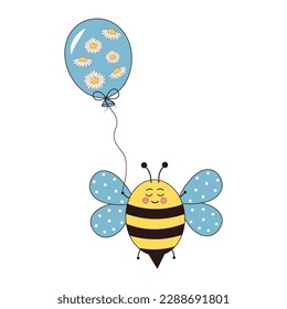 Cute bee with balloon full of daisies. Groovy retro character.