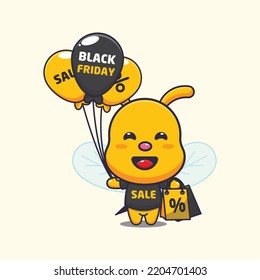 cute bee with balloon and shopping bag in black friday