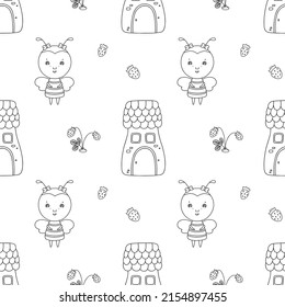 Cute bee, berry and fairy house on vector seamless pattern. Children illustration for fabric, textile, wallpaper.