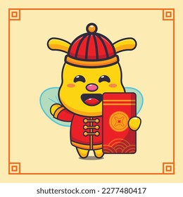 Cute bee with big red envelope in chinese new year. 