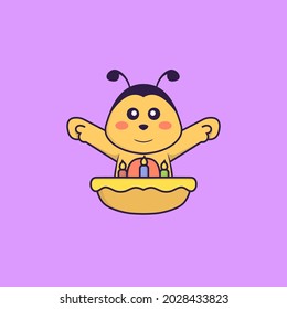 Cute bee with birthday cake. Animal cartoon concept isolated. Can used for t-shirt, greeting card, invitation card or mascot.