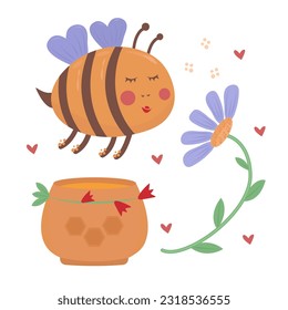 Cute bee, blue flower and jar of honey, colorful illustration