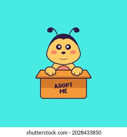 Cute bee in box with a poster Adopt me. Animal cartoon concept isolated. Can used for t-shirt, greeting card, invitation card or mascot.