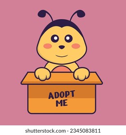 Cute bee in box with a poster Adopt me. Animal cartoon concept isolated. Can used for t-shirt, greeting card, invitation card or mascot