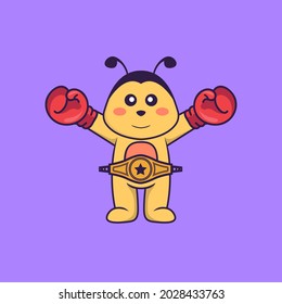 Cute bee in boxer costume with champion belt. Animal cartoon concept isolated. Can used for t-shirt, greeting card, invitation card or mascot.