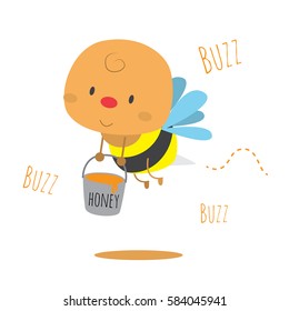 cute bee bringing a bucket of honey vector illustration