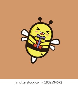 Cute bee brings christmas gift vector illustration