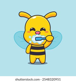 Cute bee brushing teeth cartoon vector illustration. vector cartoon illustration suitable for poster, brochure, web, mascot, sticker, logo and icon.