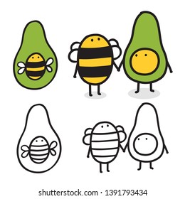Cute bee bug and avocado fruit. Funny cartoon vector insect and food illustration. 