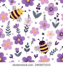 Cute bee, bumblebee and spring flowers. Hand drawn illustration. Vector seamless pattern.