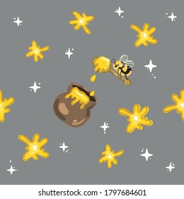 Cute bee carries honey pattern. Seamless pattern with cute bee. Vector illustration.  