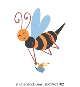 Cute Bee Carrying Bucket Full of Honey, Happy Funny Flying Insect Character Cartoon Vector Illustration
