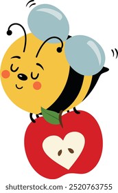 Cute bee carrying a red apple
