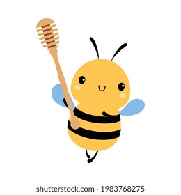 Cute Bee Carrying Wooden Honey Dipper, Lovely Flying Insect Character Cartoon Vector Illustration