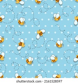 Abeja. Fondo de la caricatura. Abeja vuela a lo largo de una ruta en espiral sobre fondo azul. Honeycomb. 