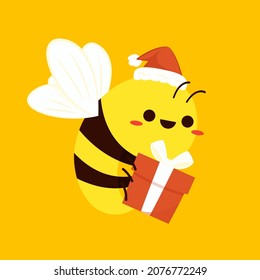 Cute bee cartoon. Bee character design. Merry Christmas.