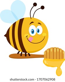 Cute Bee Cartoon Character Flying With A Honey Spoon. Flat Vector Illustration Isolated On White Background