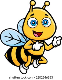 Cute Bee Cartoon Character Flying And Pointing. Vector Hand Drawn Illustration Isolated On Transparent Background
