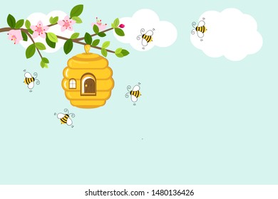 Cute bee cartoon character with bee hive in a tree branch isolated on a blue background vector illustration. cartoon bee house with a door and window