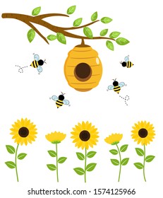 Cute bee cartoon character with bee hive in a tree branch and sunflower field isolated on a white background vector illustration.