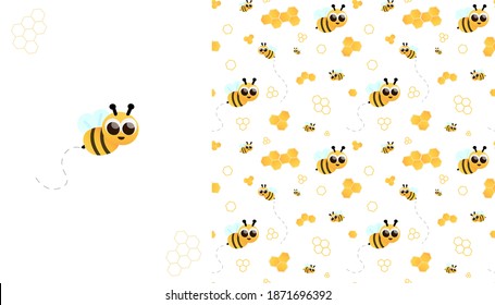 Cute bee cartoon character with honeycombs on greeting card for baby shower and seamless pattern for print or fabric, childish yellow motif