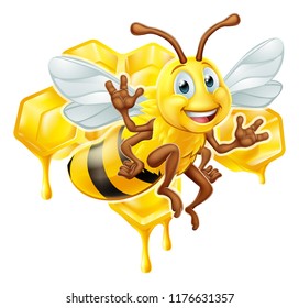 A cute  bee cartoon character mascot with his or her honeycomb and dripping honey in the background