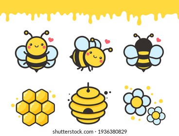 Cute Bee Cartoon Character Vector Hexagon Honeycomb And Flower Isolated On White Background.