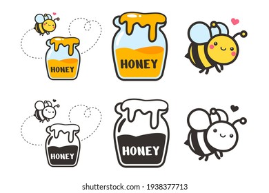 Cute bee cartoon character vector Hexagon honeycomb and flower isolated on white background.