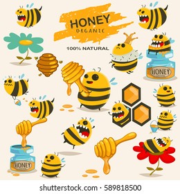 Cute bee cartoon character vector set. Illustration with the honey, beehive, stick, jar, honeycomb, etc.