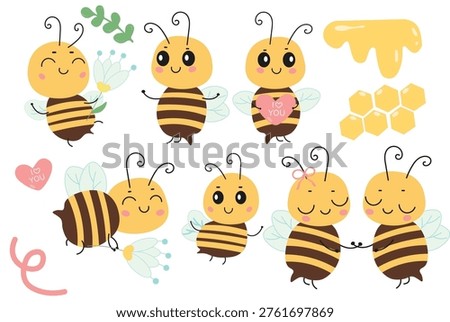 Cute bee cartoon characters set with yellow honeycombs, flowers, dripping honey, and pink hearts. Vector illustration of smiling insects with wings and stripes isolated on white background.