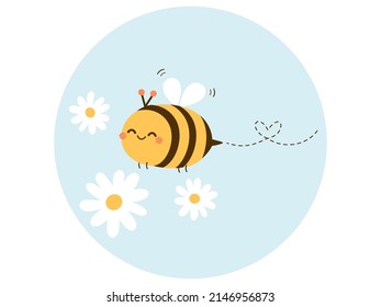 Cute Bee Cartoon With Daisy Flower Logo Sign On Blue Circle Background Vector Illustration.