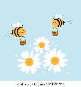 Cute bee cartoon and daisy flowers on blue background vector illustration.