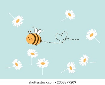 Dibujo de abejas y jardín de margaritas sobre la ilustración vectorial de fondo de menta verde.